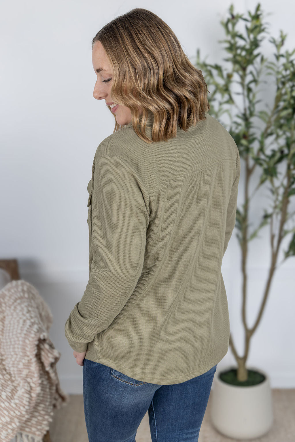 Thermal Knit Button Top - Light Olive